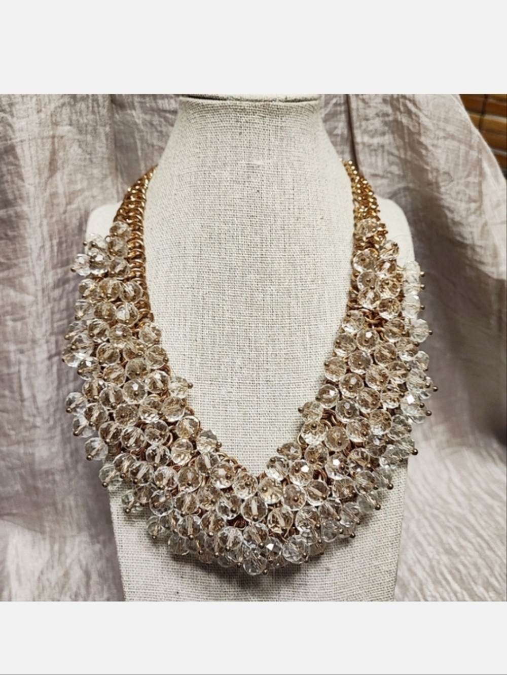 Clear Crystal Glass Faceted Beads Gold Tone Statement Bib Style Necklace